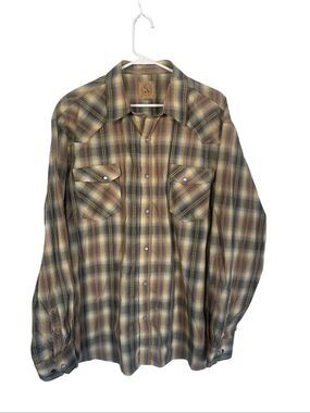 GC Blue Mens Tan Yellow Plaid Pearl Snaps Button Down Western Shirt 2XL
